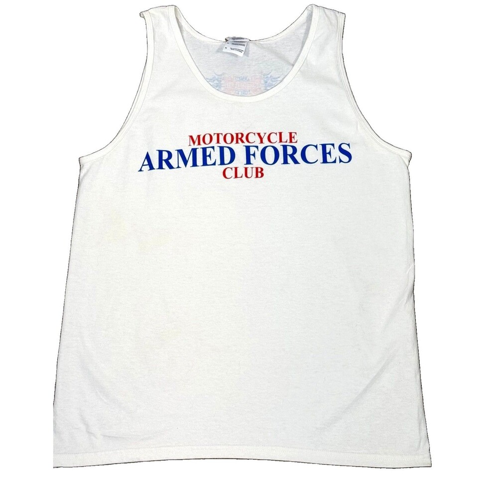 Gildan Armed Forces Motorcycle Club Mens M White Tank Top Military Biker Graphic